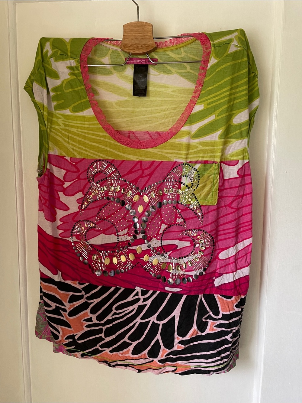 Custo Barcelona Pink & Green Embellished Short Sleeve Top